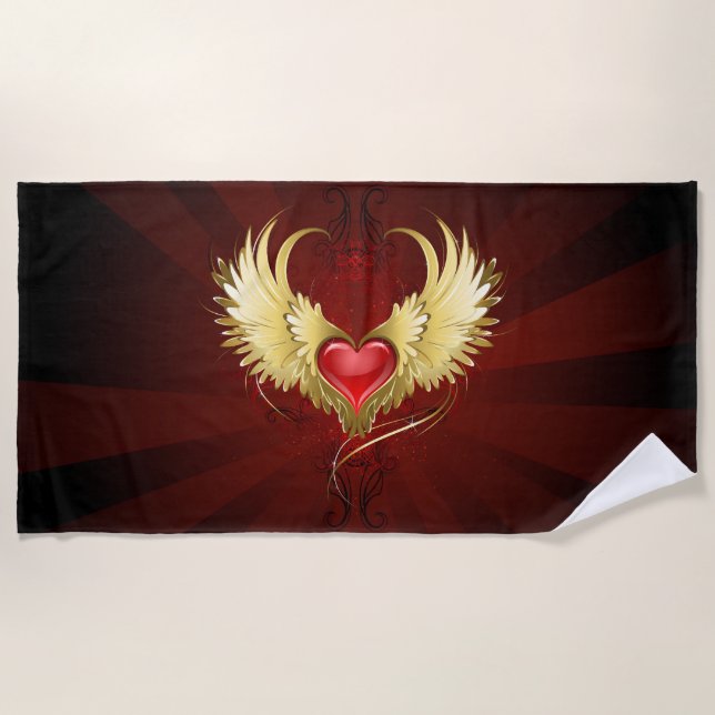 Red Heart with Golden Wings Beach Towel (Front)