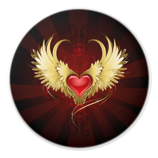 Red Heart with Golden Wings Ceramic Knob (Front)