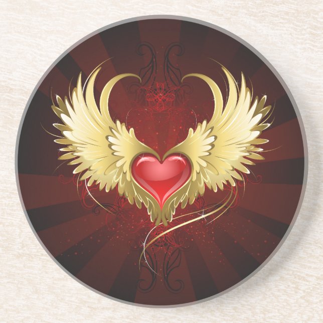 Red Heart with Golden Wings Coaster (Front)
