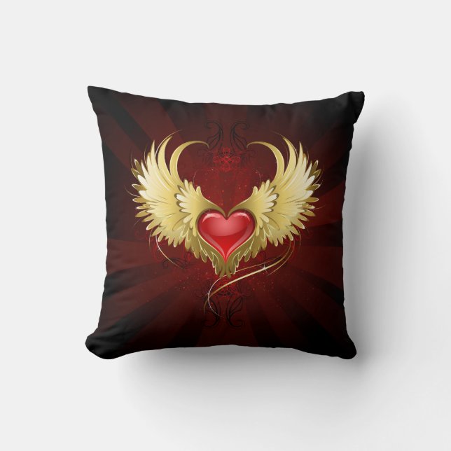 Red Heart with Golden Wings Cushion (Front)