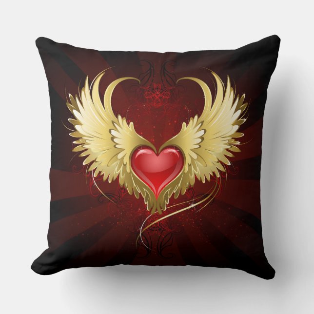 Red Heart with Golden Wings Cushion (Front)