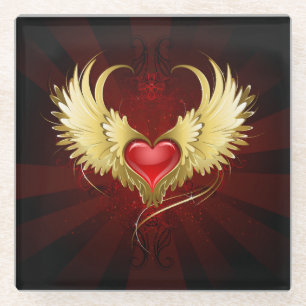 Red Heart with Golden Wings Glass Coaster