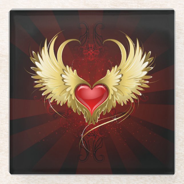 Red Heart with Golden Wings Glass Coaster (Front)
