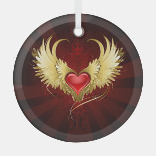 Red Heart with Golden Wings Glass Tree Decoration