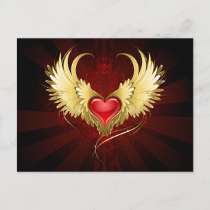 Red Heart with Golden Wings Holiday Postcard