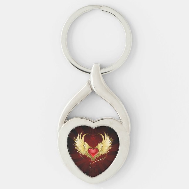 Red Heart with Golden Wings Key Ring (Front)