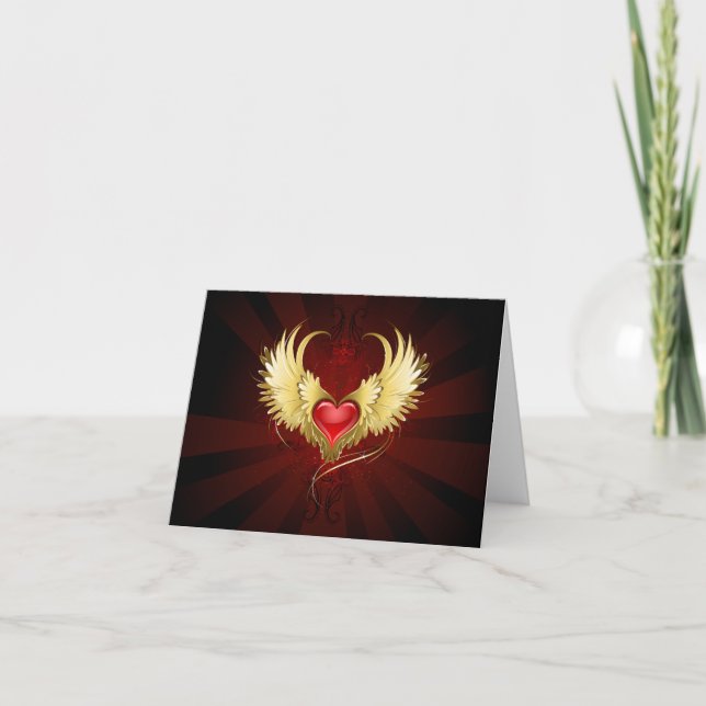 Red Heart with Golden Wings Note Card (Front)