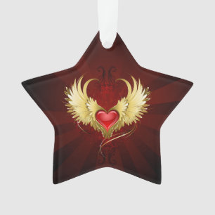 Red Heart with Golden Wings Ornament
