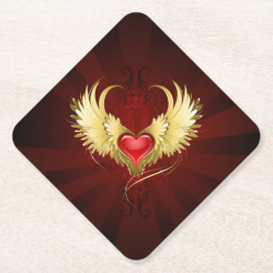 Red Heart with Golden Wings Paper Coaster