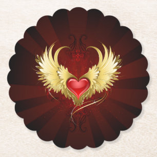 Red Heart with Golden Wings Paper Coaster