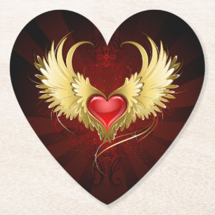 Red Heart with Golden Wings Paper Coaster