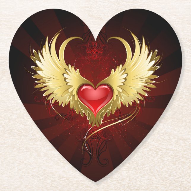 Red Heart with Golden Wings Paper Coaster (Front)