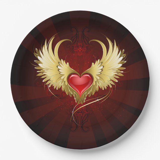 Red Heart with Golden Wings Paper Plate (Front)