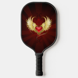 Red Heart with Golden Wings Pickleball Paddle
