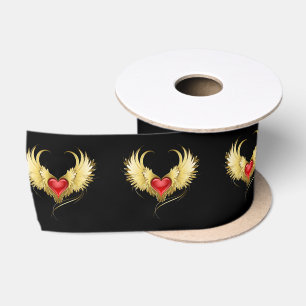 Red Heart with Golden Wings Satin Ribbon