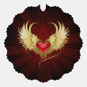 Red Heart with Golden Wings Tree Decoration Card