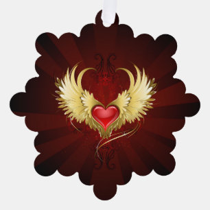 Red Heart with Golden Wings Tree Decoration Card