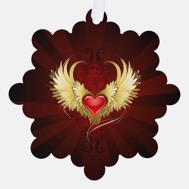 Red Heart with Golden Wings Tree Decoration Card (Front)