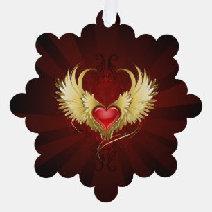 Red Heart with Golden Wings Tree Decoration Card