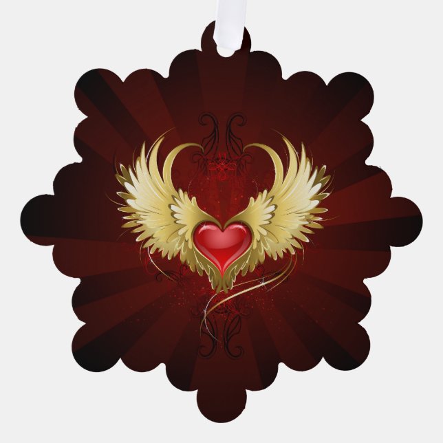 Red Heart with Golden Wings Tree Decoration Card (Front)