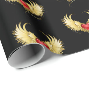 Red Heart with Golden Wings Wrapping Paper