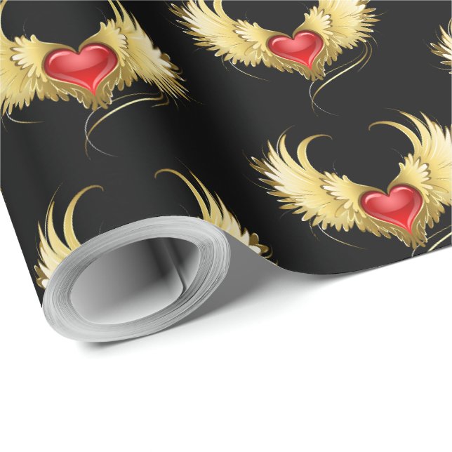 Red Heart with Golden Wings Wrapping Paper (Roll Corner)