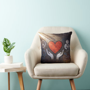 Red Heart with Hands Graffiti On a Brick Wall Cushion