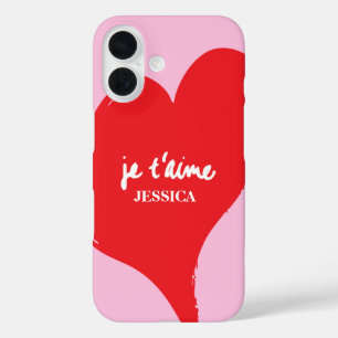 Red heart with je t’aime-text on pink background iPhone 16 case