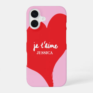 Red heart with je t’aime-text on pink background iPhone 16 case