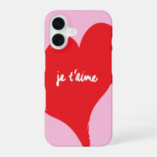 Red heart with je t’aime-text on pink background iPhone 16 case