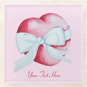 red heart with white bow original art design glass coaster