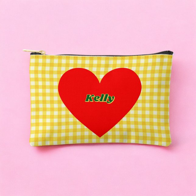 Red Heart Yellow Gingham Pattern Valentine's Day Accessory Pouch (Red Heart Yellow Gingham Pattern Valentine's Day Accessory Pouch)