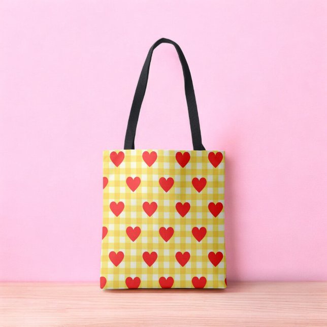 Red Heart Yellow Gingham Valentine's Day Tote Bag (Red Heart Yellow Gingham Valentine's Day Tote Bag)