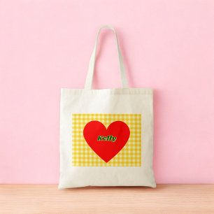 Red Heart Yellow Gingham Valentine's Day Tote Bag