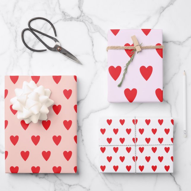 Red Hearts Abstract Hand Drawn Boho Style Pattern Wrapping Paper Sheet (Front)