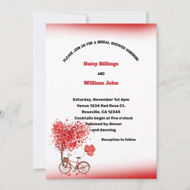 Red Hearts and bicycle Wedding Invitation (Front)