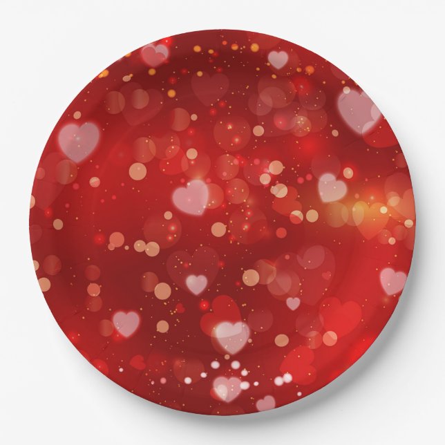 Red Hearts and Bokeh Paper Plate (Front)
