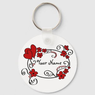 Red hearts and flowers - Keychain