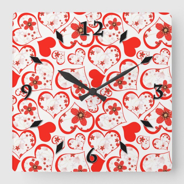 Red hearts and flowers on a white square wall clock (Front)