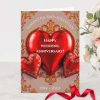 Red Hearts and Gold Flourishes Wedding Anniversary