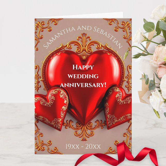 Red Hearts and Gold Flourishes Wedding Anniversary Card (Creator Uploaded)
