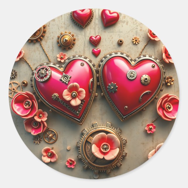 Red Hearts and Gold Metal Gears Steampunk Classic Round Sticker (Front)