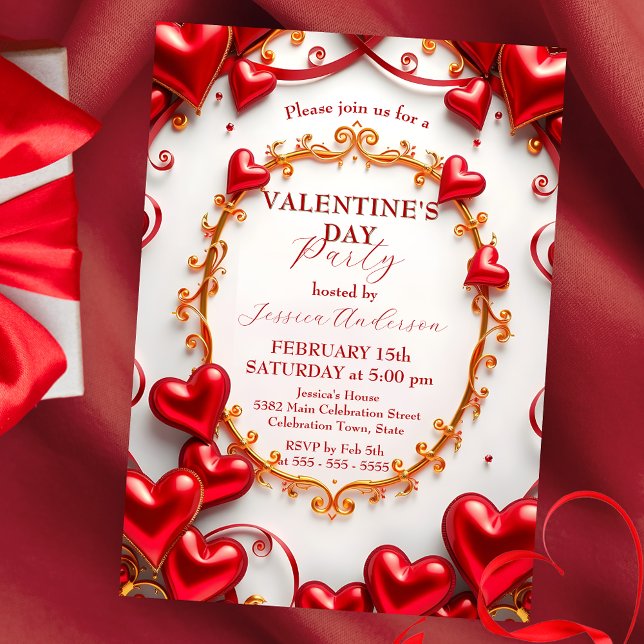 Red Hearts and Golden Swirls Valentine's Day Party Invitation (Creator Uploaded)