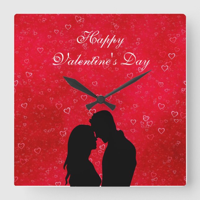 Red Hearts And Illustration of the Couple Square Wall Clock (Front)