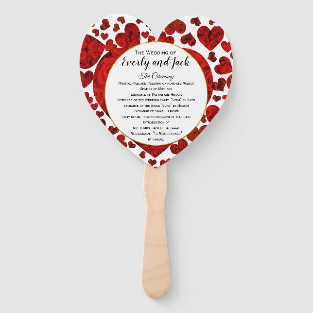 Red Hearts and Roses Wedding Program Elegant Gold Hand Fan (Front)