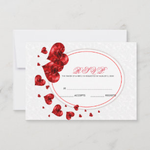 Red Hearts And White Damask RSVP Card