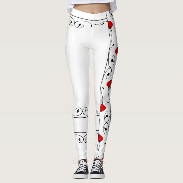 Red Hearts Black Vines Pattern Leggings (Front)
