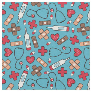 Red Hearts Blue Nurse Doctor Pattern Fabric