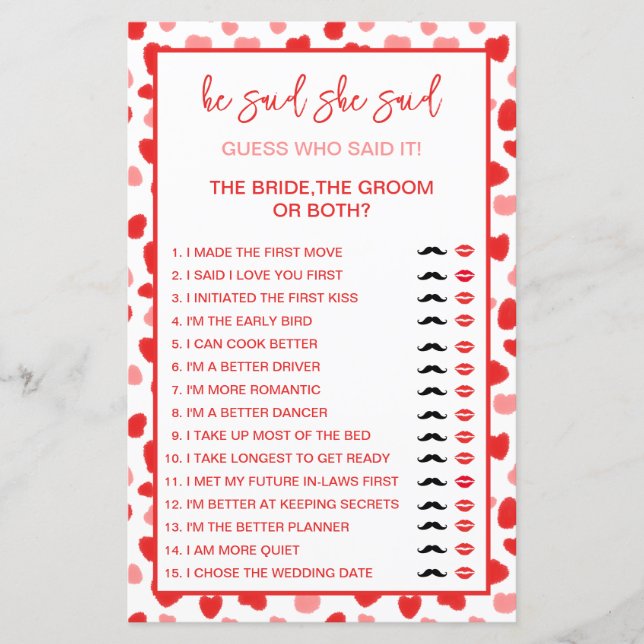 Red Hearts Bride or Groom Guess Who Said it Game (Front)