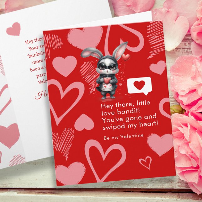 Red Hearts Bunny Love Bandit Funny Valentine's Day Card (Red Hearts Bunny Love Bandit Funny Valentine's Day Card)